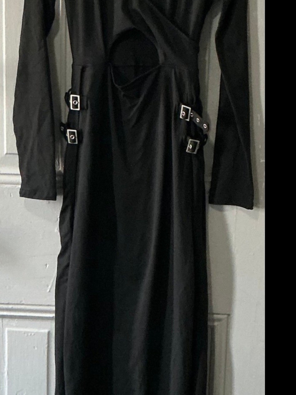 Black Long-Sleeve Dress with Side Buckle Accents
